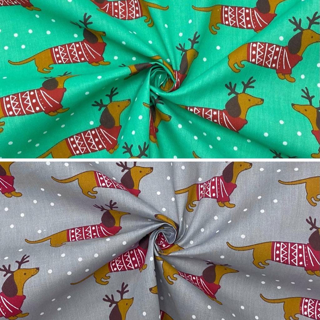 Christmas Sausage Dog Polycotton Fabric - Pound Fabrics