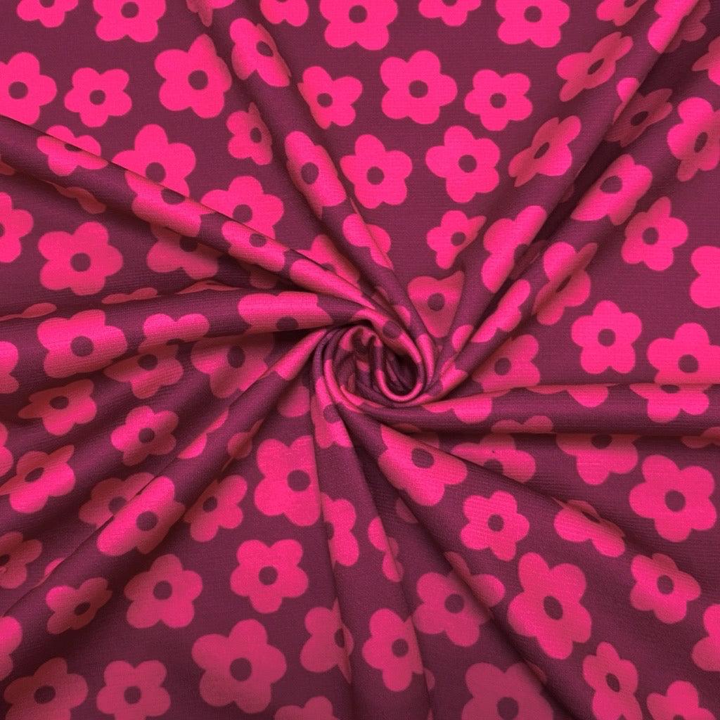 Pink Flowers on Plum Lightweight Ponte Roma Fabric - Pound Fabrics