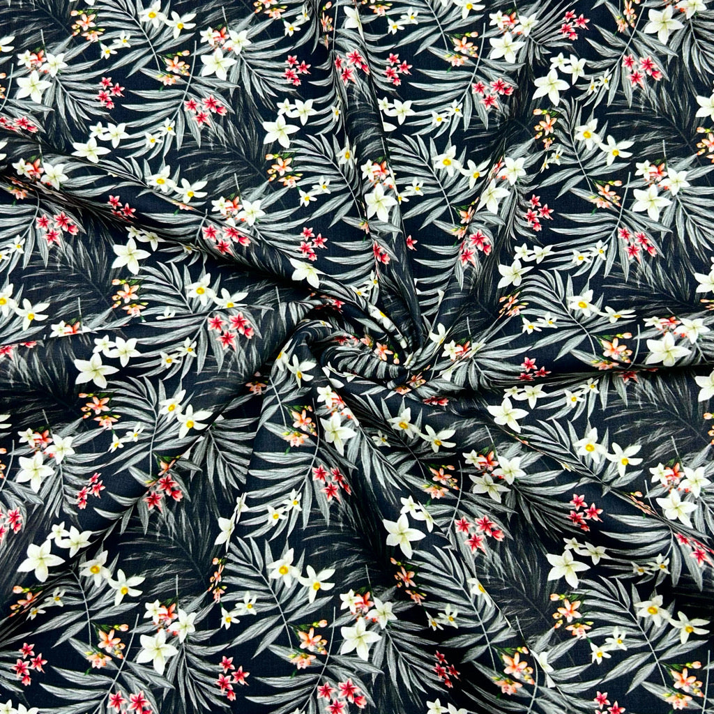 Tropical Floral Rose &amp; Hubble Cotton Poplin Fabric - Pound Fabrics