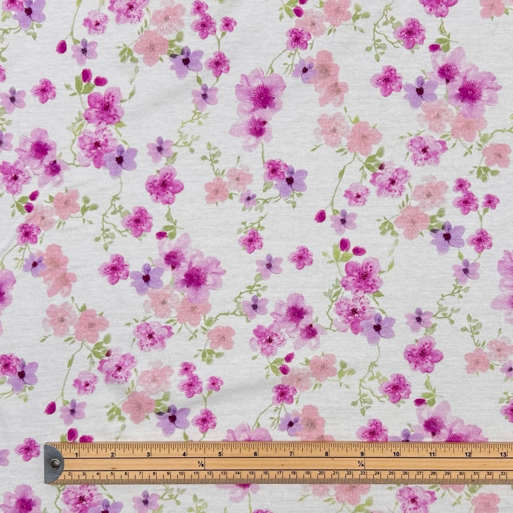 Purple Flowers on Ivory 100% Cotton Jersey Fabric