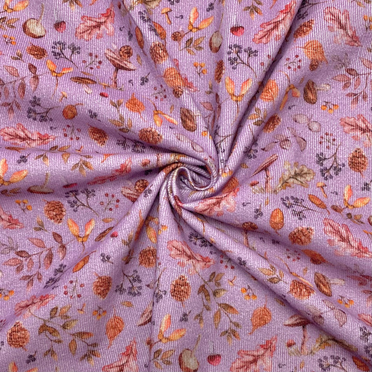 Autumn Scenery on Lilac Needlecord Fabric
