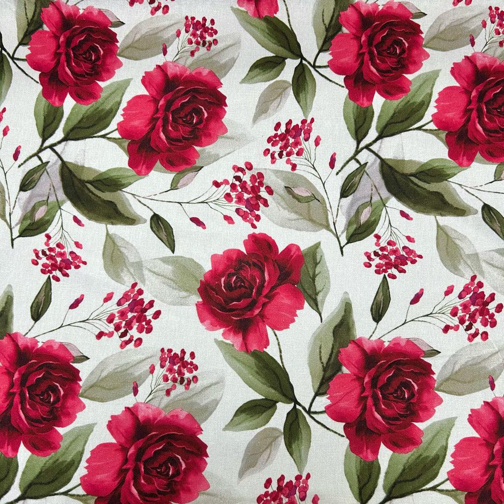 Roses on White Linen Viscose Fabric - Pound Fabrics