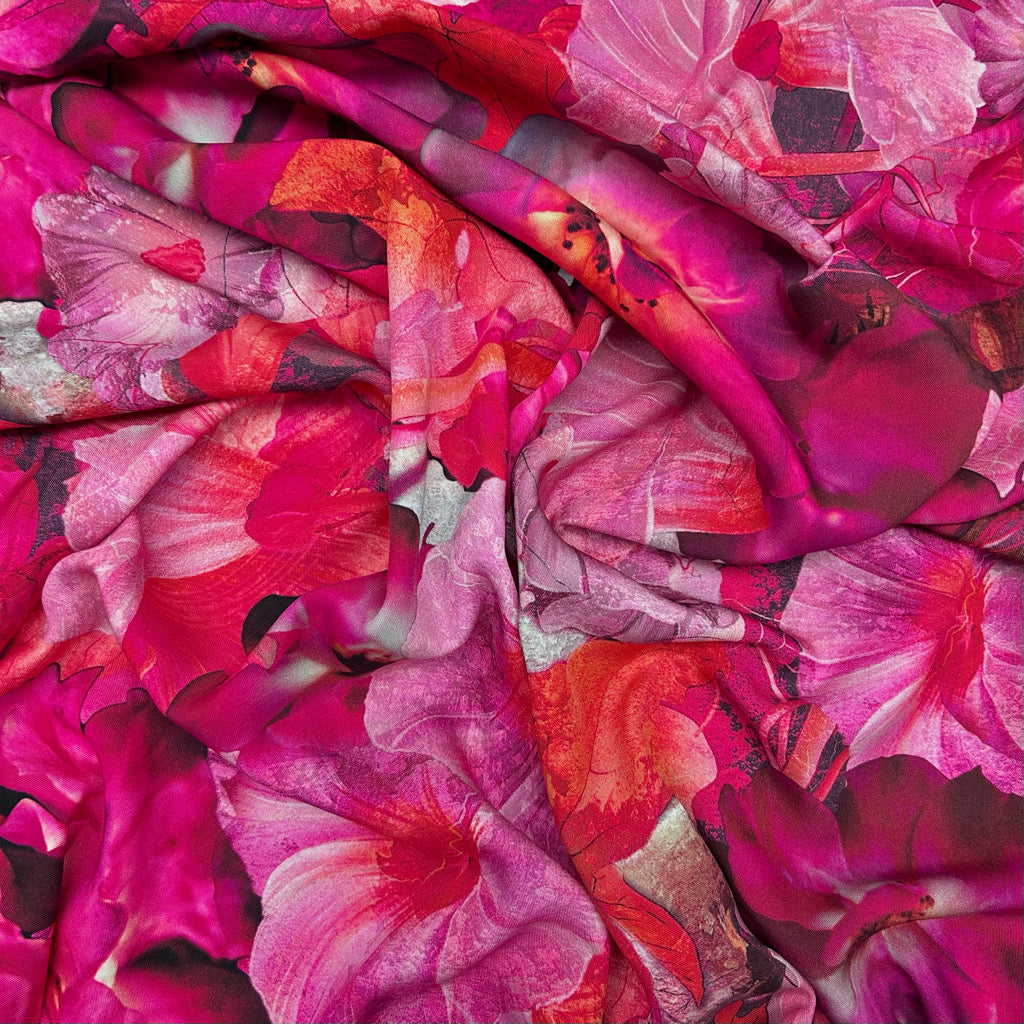 Vibrant Pink Florals Viscose Twill Fabric