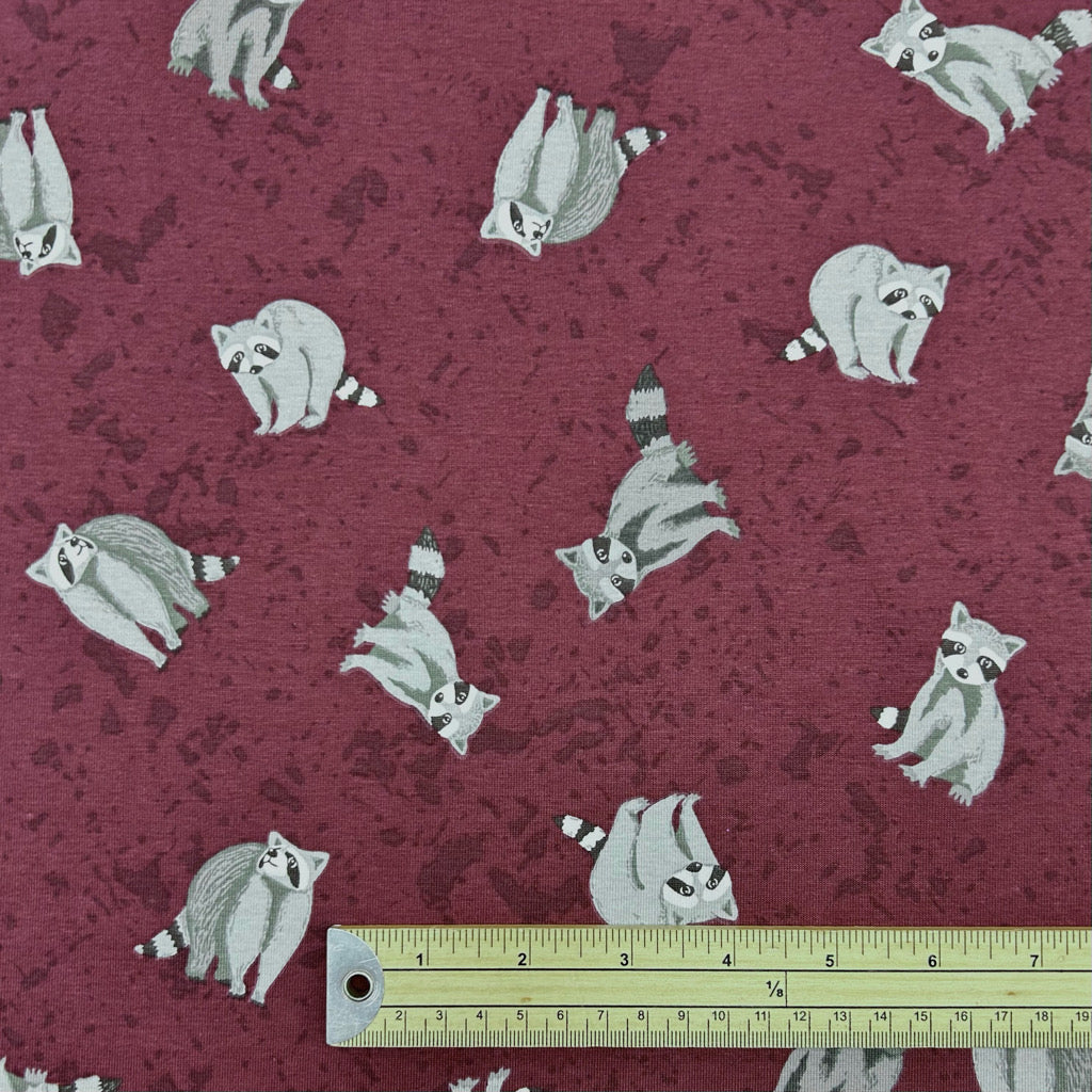 Raccoons on Burgundy Cotton Jersey Fabric