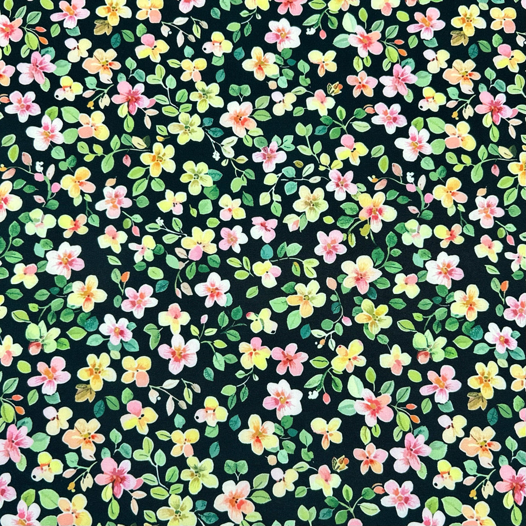 Cute Flowers on Black Polyester Fabric - Pound Fabrics