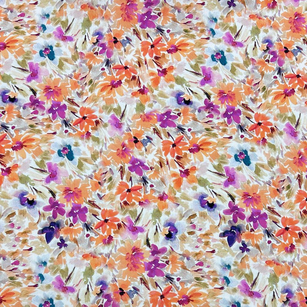 Orange and Purple Meadow Viscose Challis Fabric - Pound Fabrics