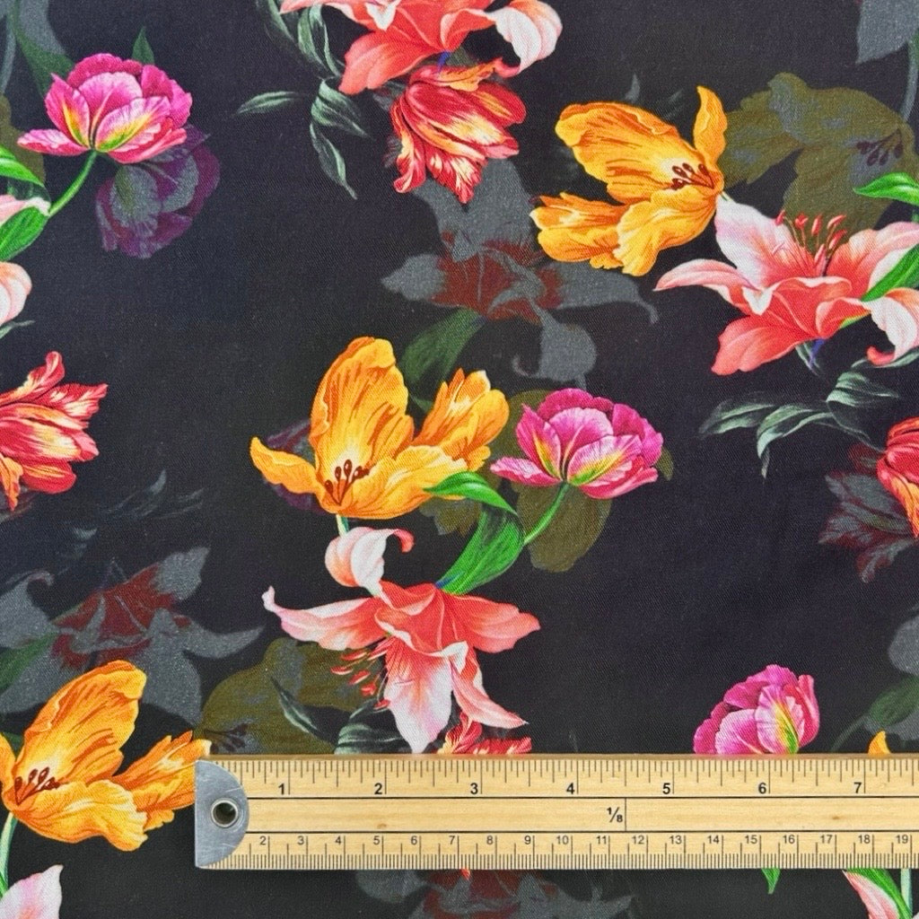 Tulips on Black Viscose Twill Fabric