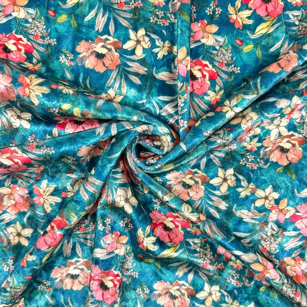 Teal Garden Stretch Velvet Fabric