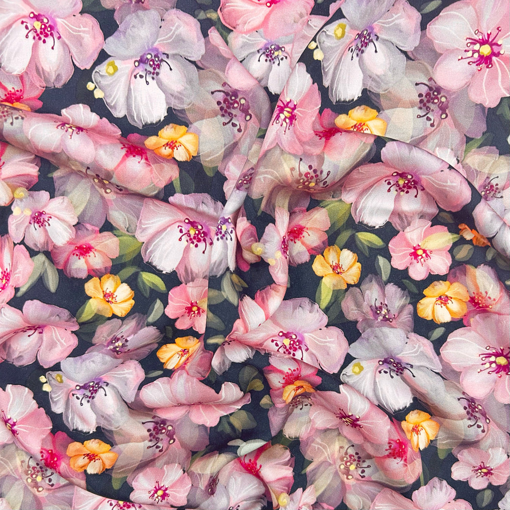 Cherry Blossom Viscose Satin Fabric