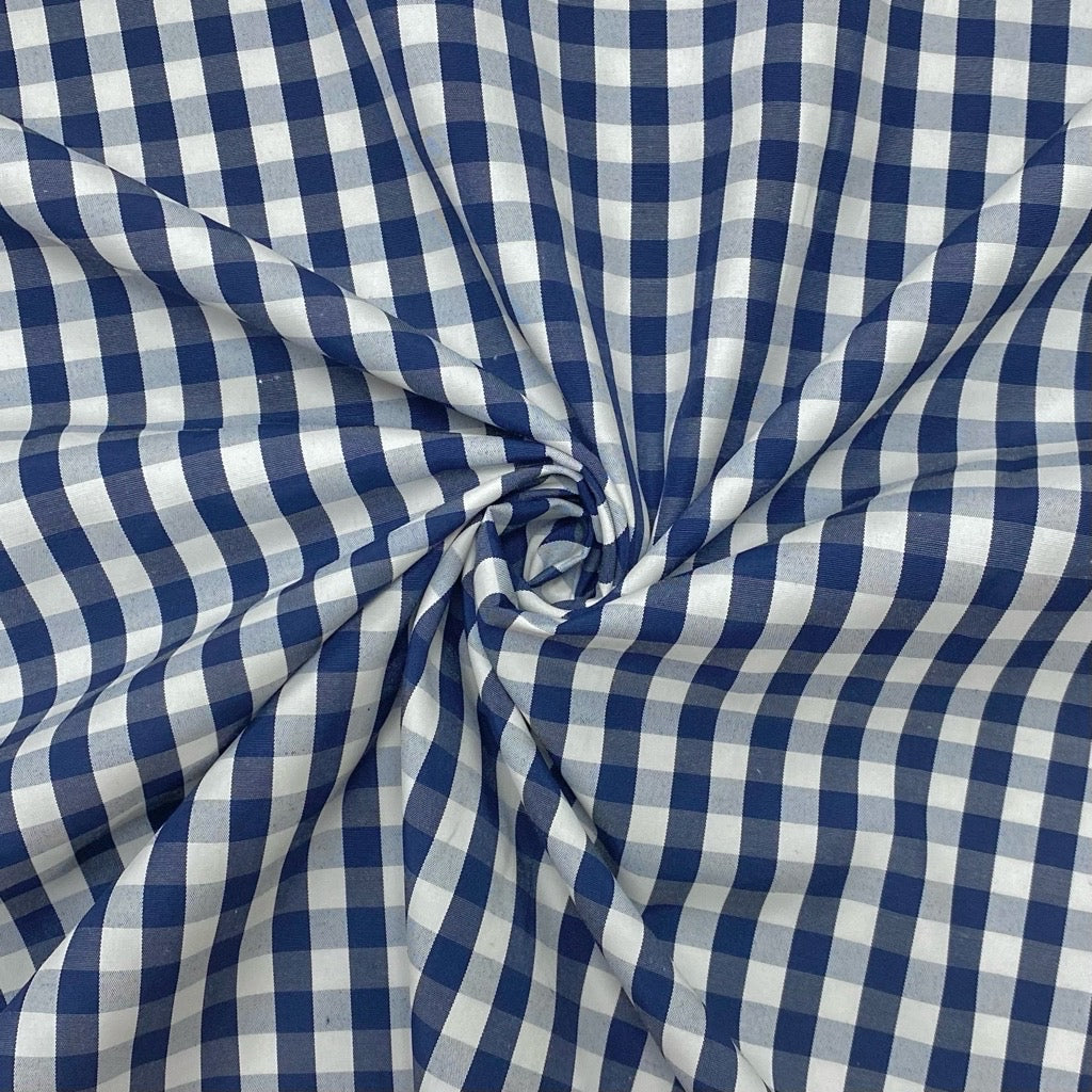 Navy and White Checkered Polyester Fabric