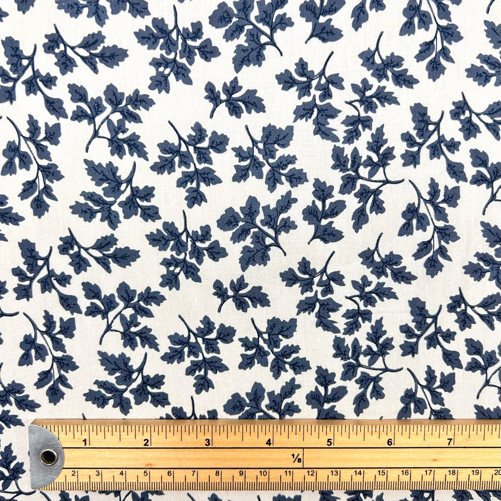Blue Flowers on Ivory Cotton Poplin Fabric