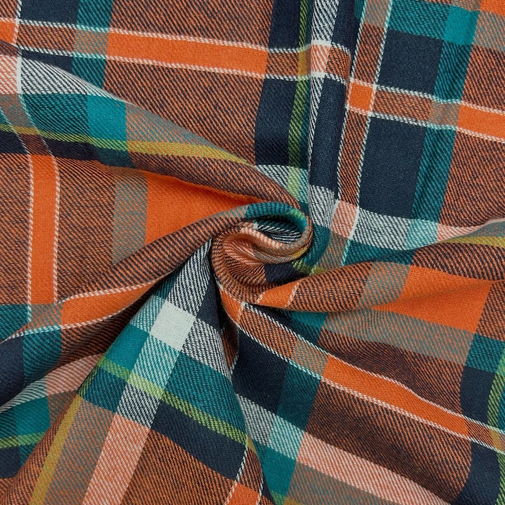Orange and Teal Check Brushed Cotton Fabric