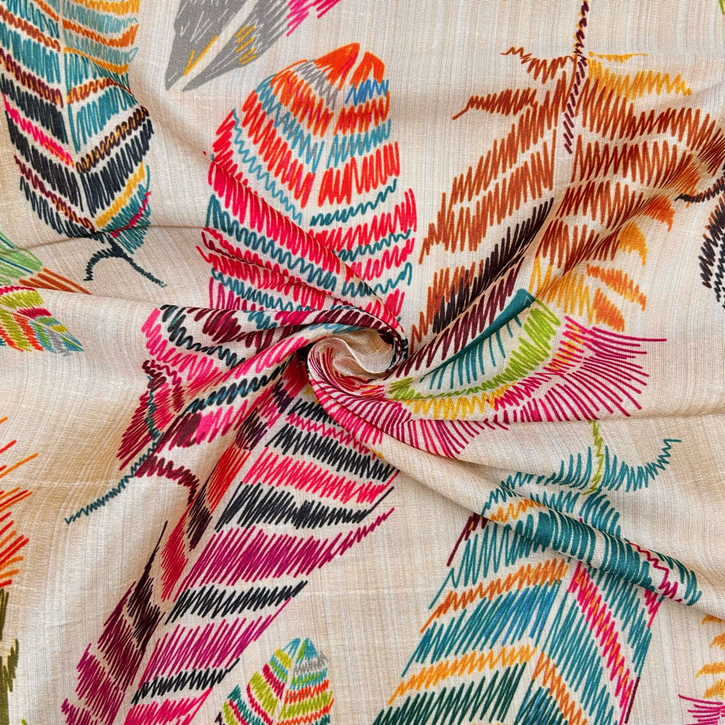 Rainbow Feathers Faux Silk Fabric - Pound Fabrics