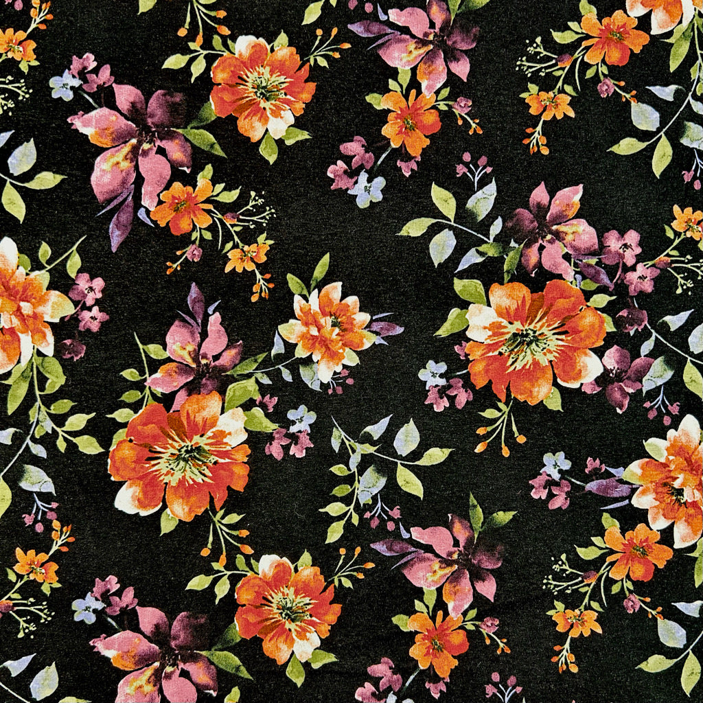 Floral Delight on Black Viscose Jersey Fabric