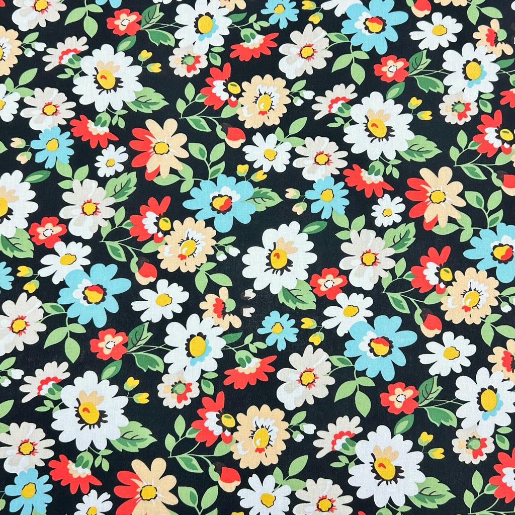 Blue, Orange and White Floral Cotton Poplin Fabric - Pound Fabrics