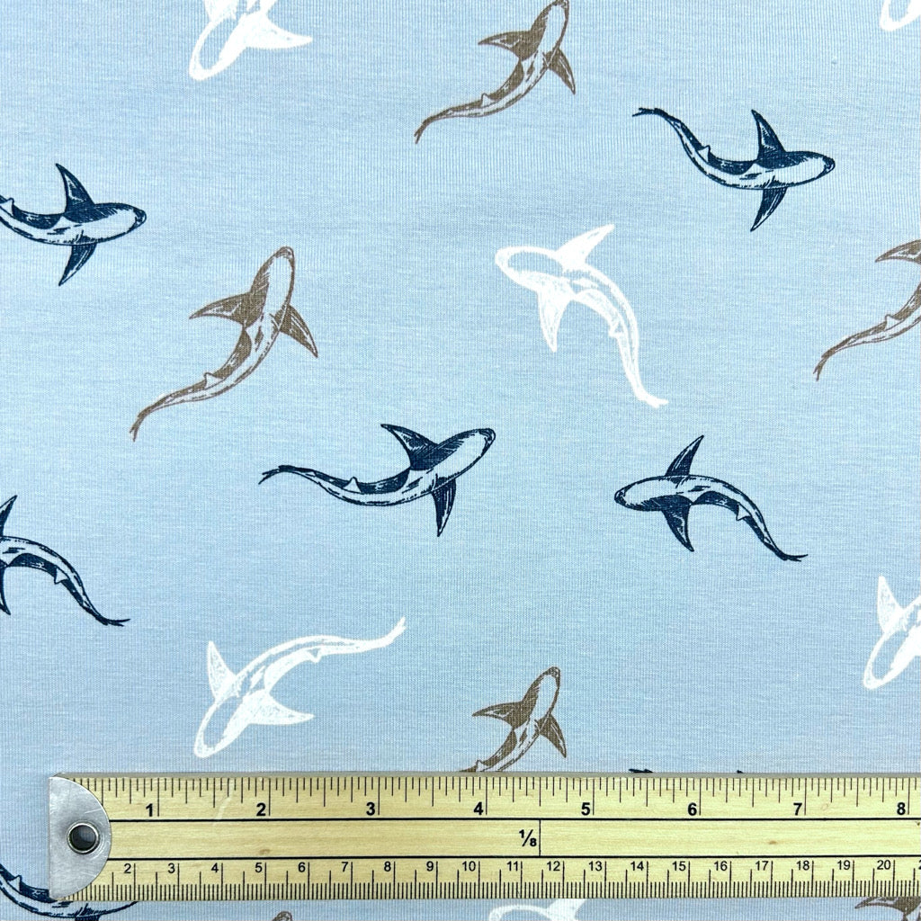 Shark Swim on Blue Cotton Jersey Fabric