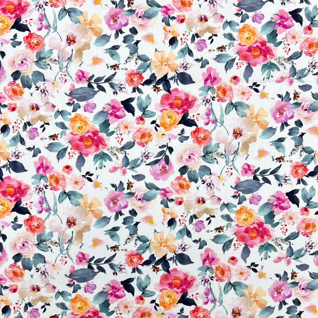 Colour Wash Flowers Rose & Hubble Cotton Poplin Fabric