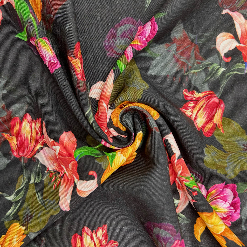 Tulips on Black Viscose Twill Fabric