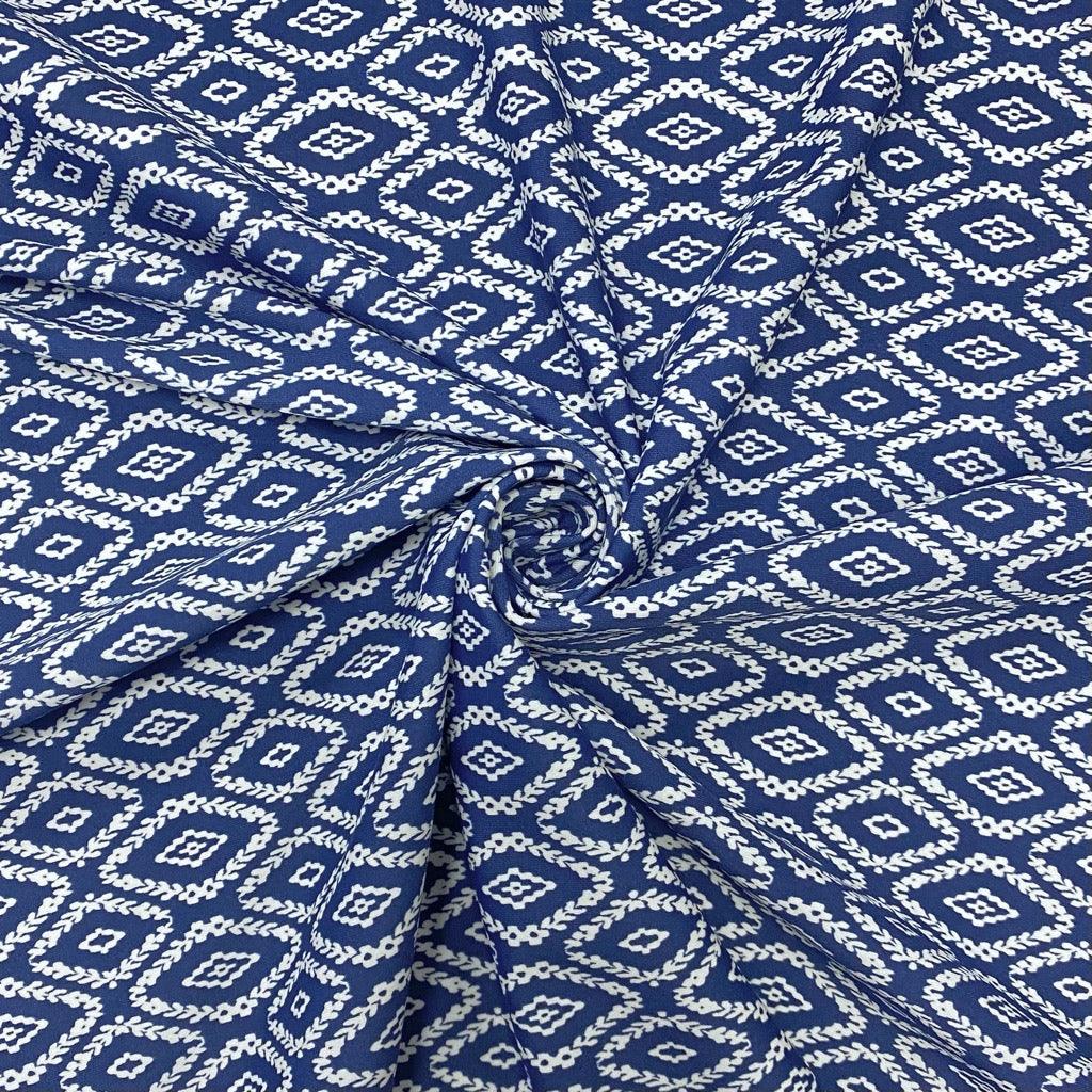 White Abstract Patterns on Navy Lycra Spandex Fabric - Pound Fabrics