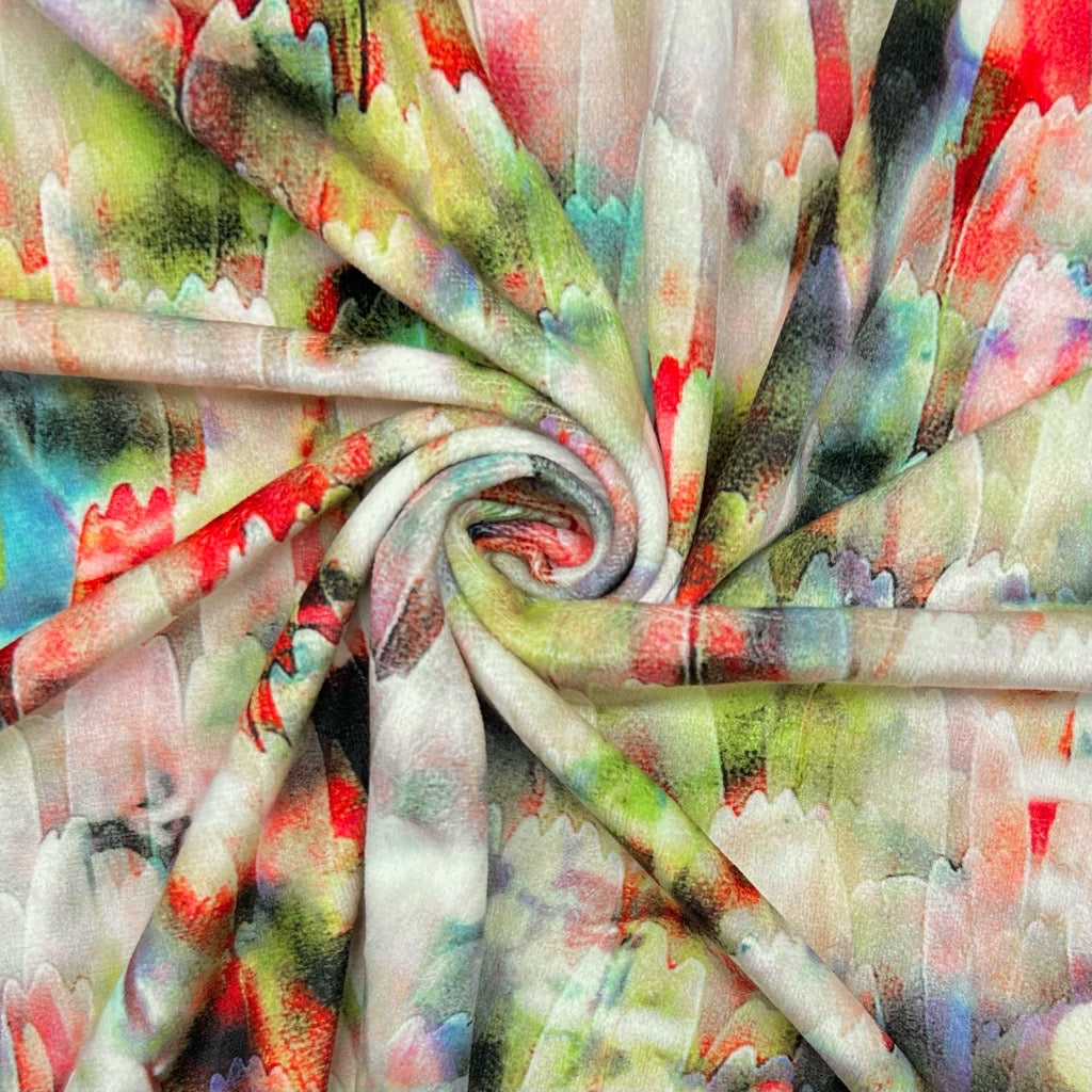 Watercolour Feathers Stretch Velvet Fabric