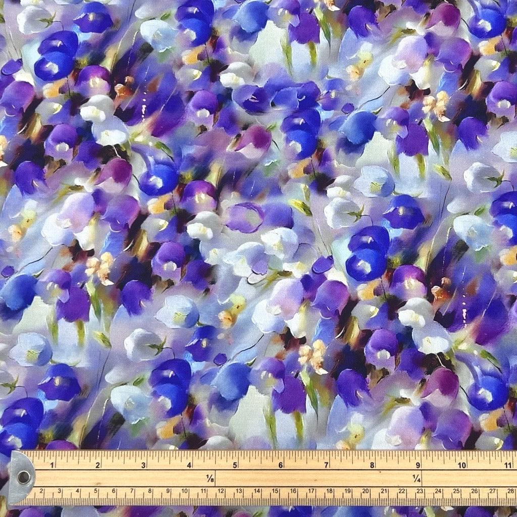 Blue and Purple Flowers Viscose Challis Fabric - Pound Fabrics