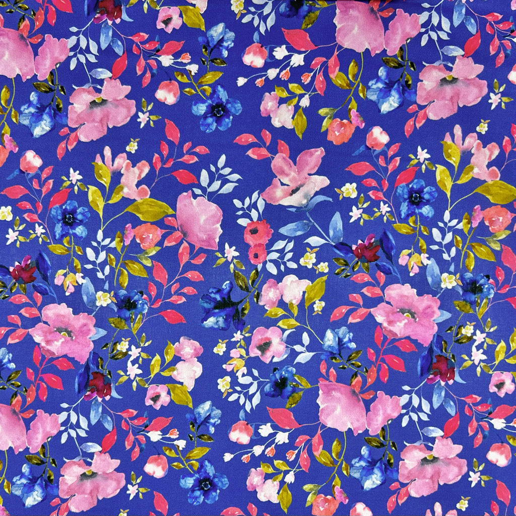 Pink and Blue Blooms Cotton Lawn Fabric
