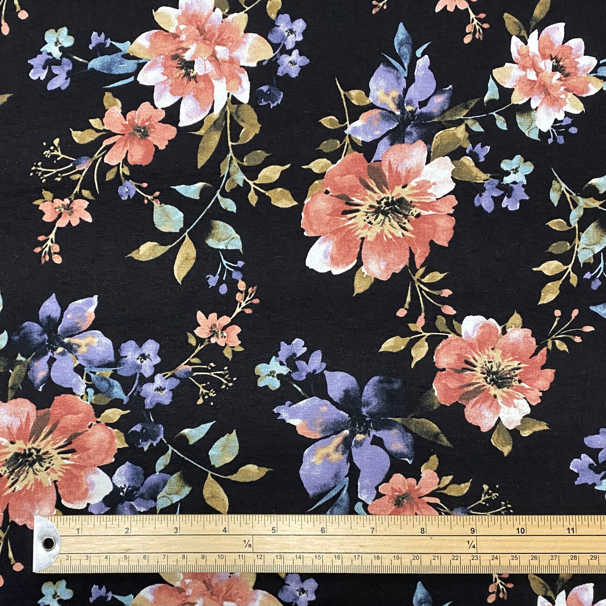 Pink and Purple Flowers on Black Viscose Jersey Fabric