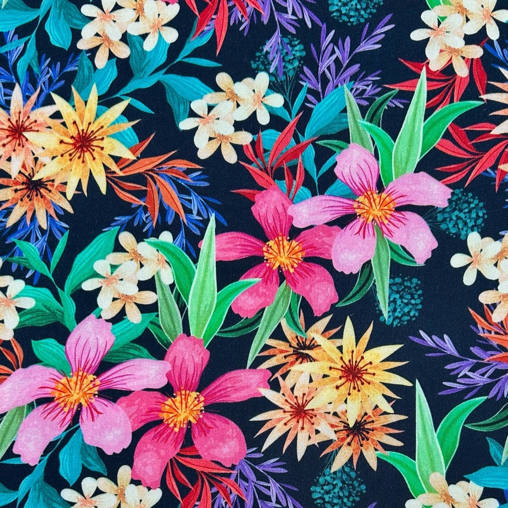 Vibrant Flowers on Black Viscose Twill Fabric