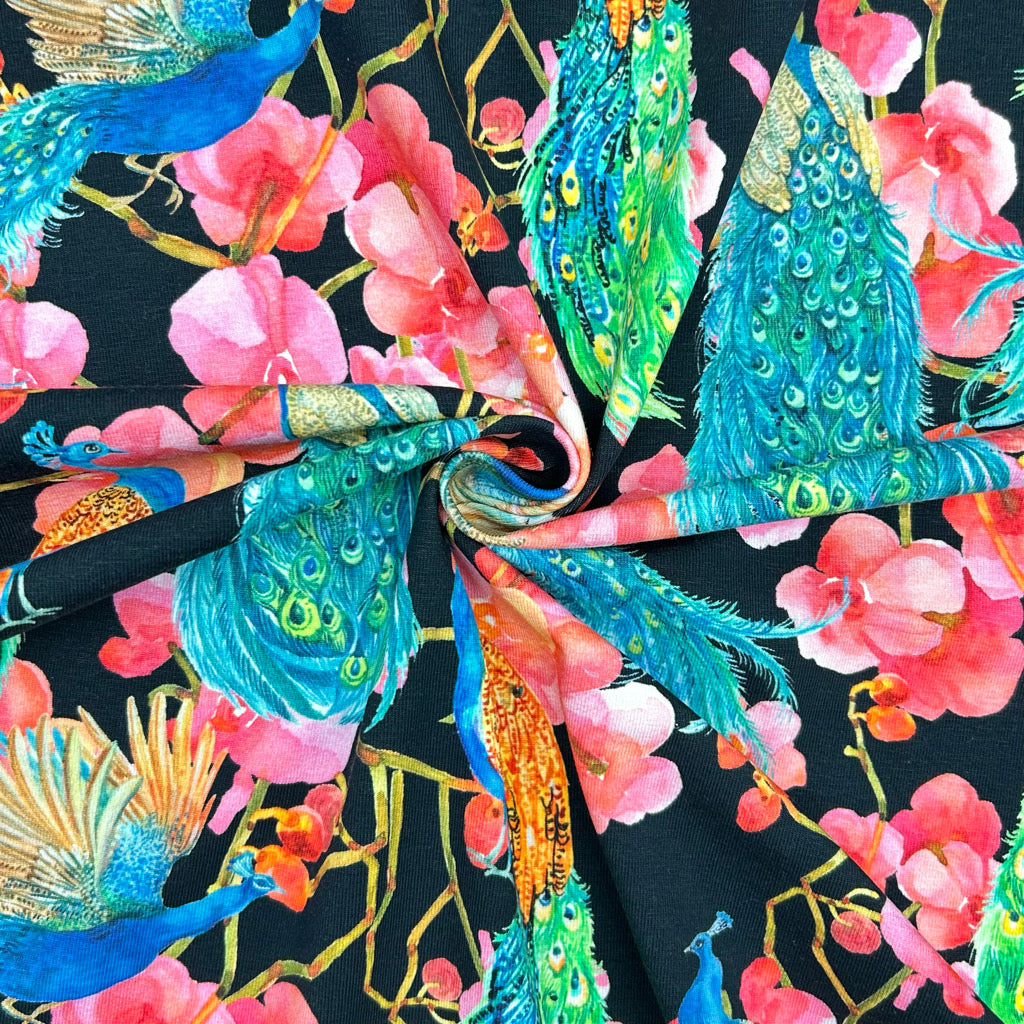 Peacock Blossom Cotton Jersey Fabric
