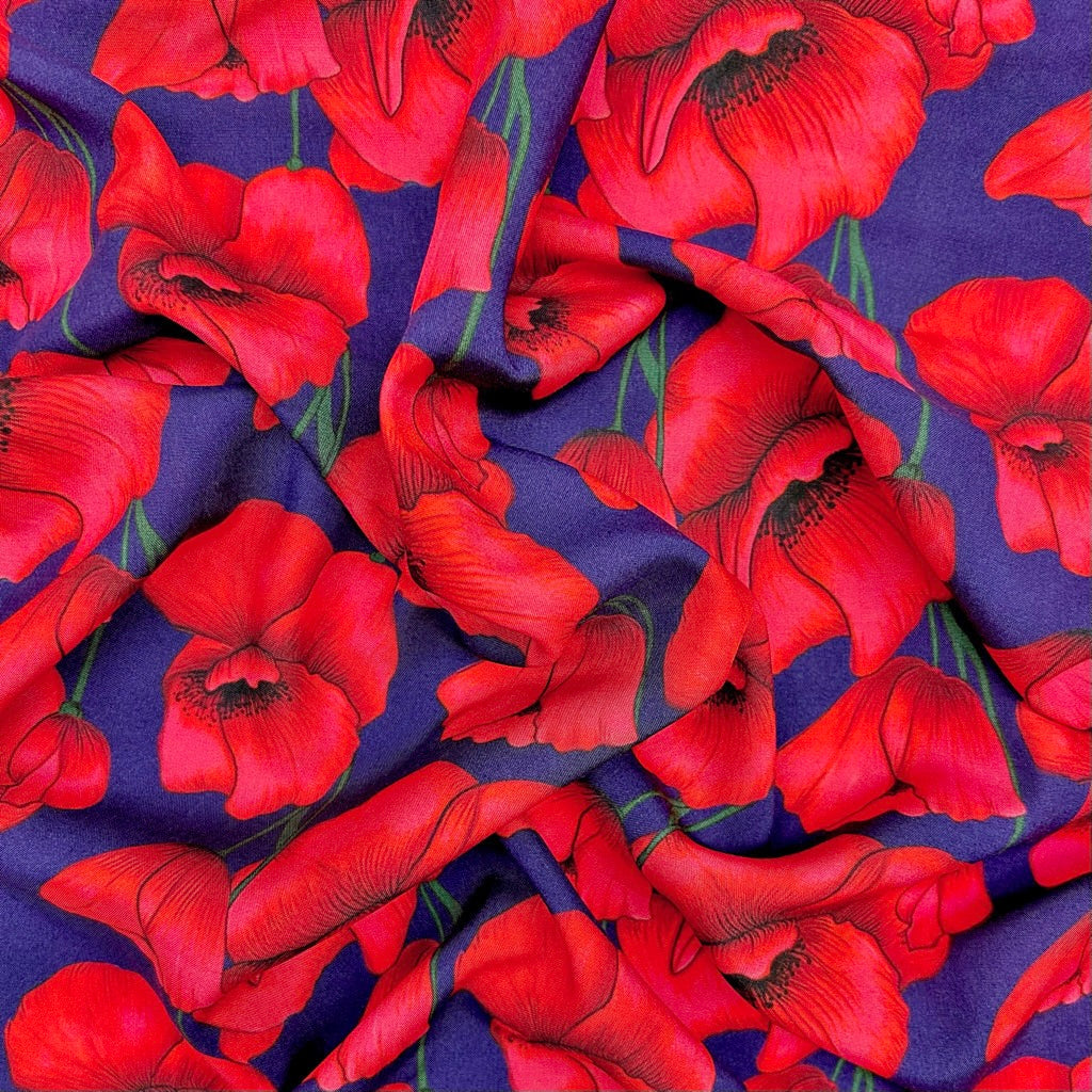 Red Blossom on Navy Viscose Fabric