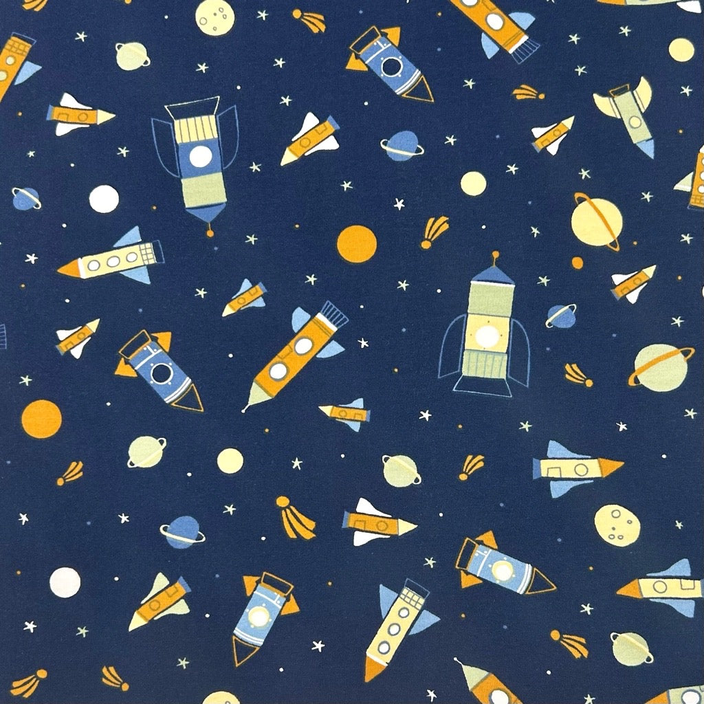 Space Rockets Cotton Jersey Fabric