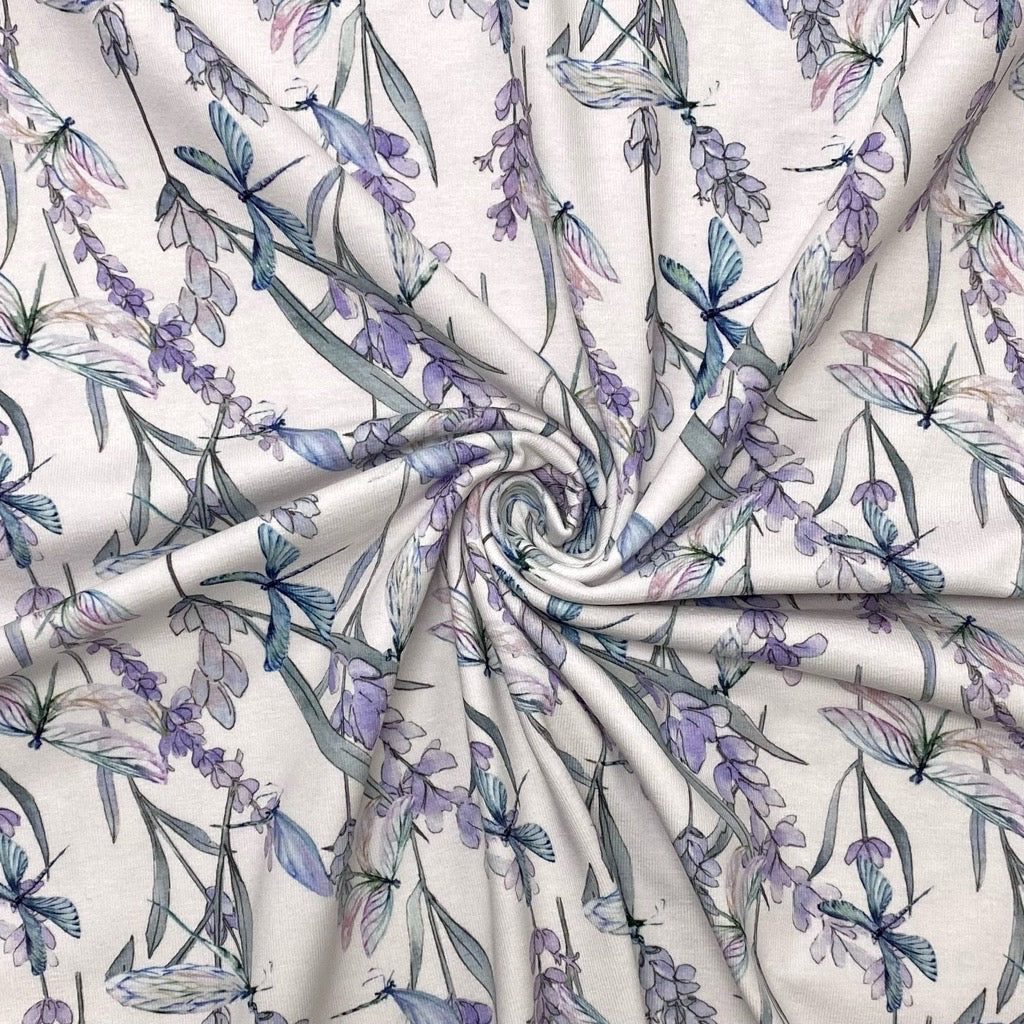 Lilac Flowers and Dragonflies Organic Cotton Jersey Fabric