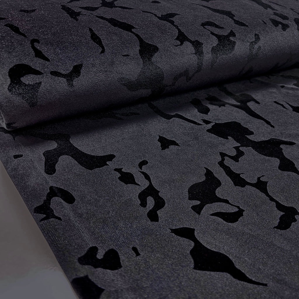 Inked Smoke on Grey Velvet Velour Fabric