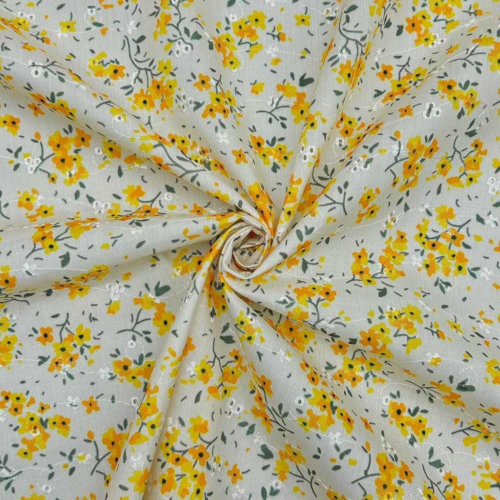 Simple Flowers Broderie Anglaise Polycotton Fabric - Pound Fabrics