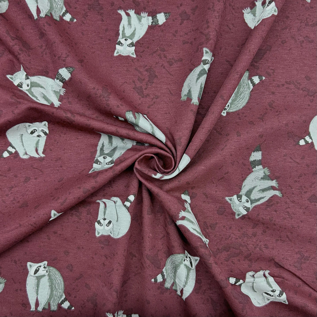 Raccoons on Burgundy Cotton Jersey Fabric