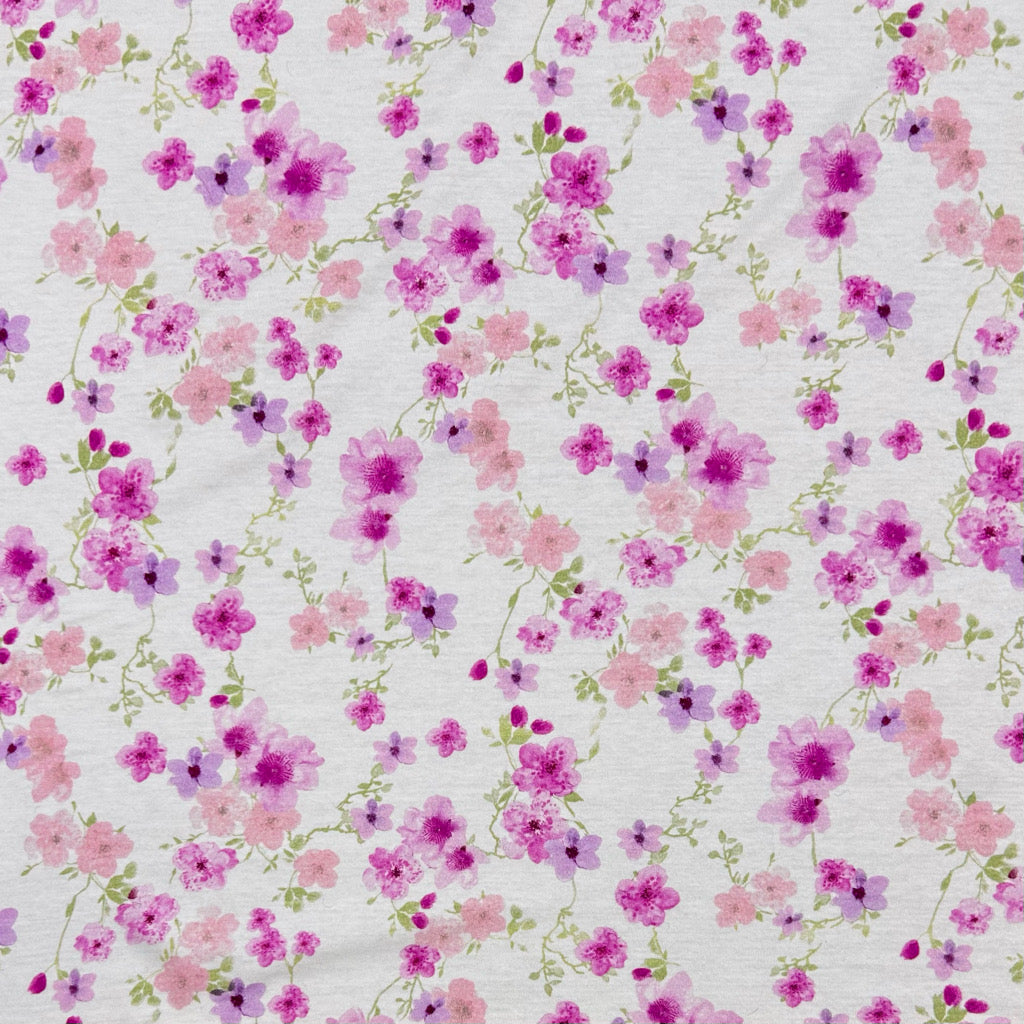 Purple Flowers on Ivory 100% Cotton Jersey Fabric