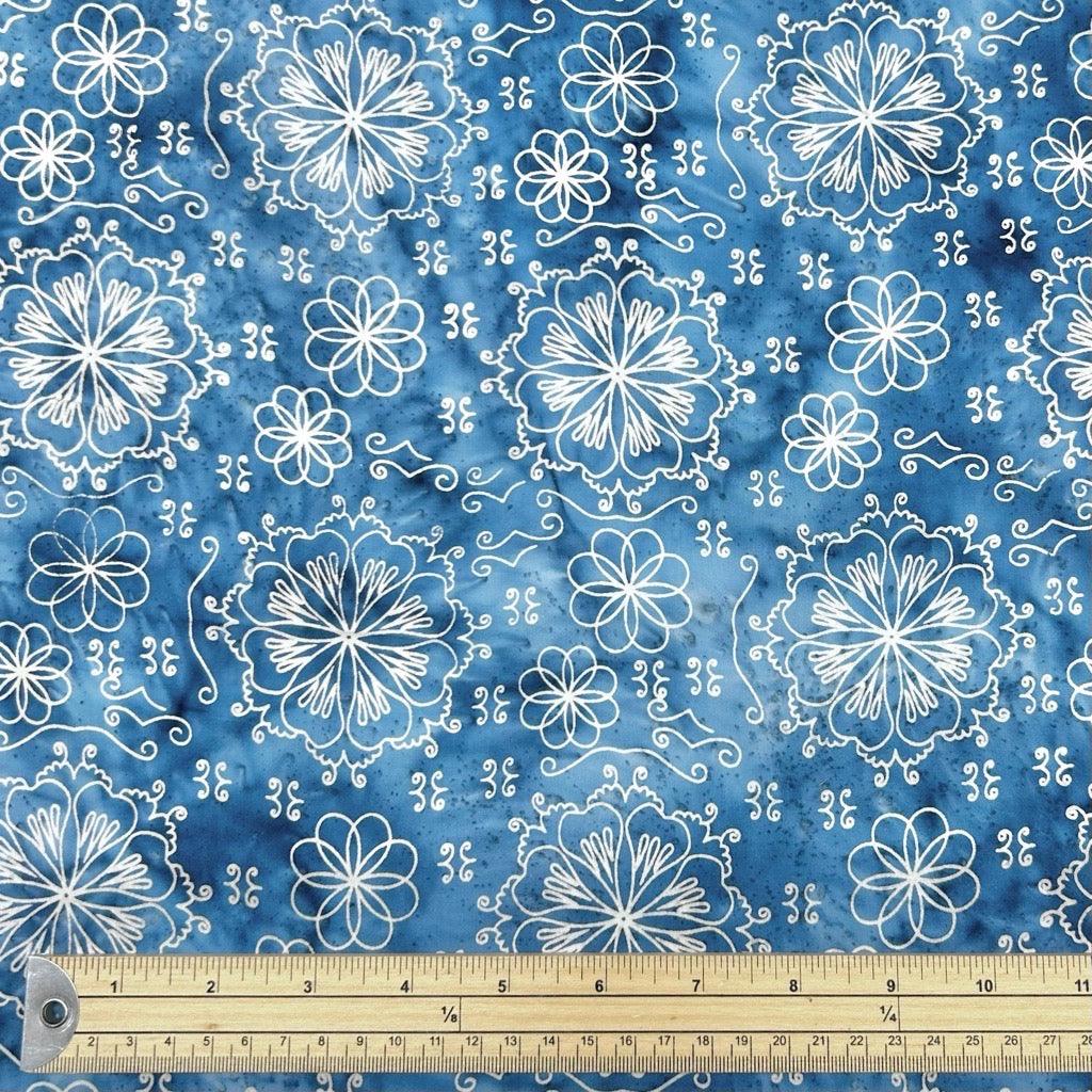 Abstract Flowers on Blue Cotton Batik Fabric