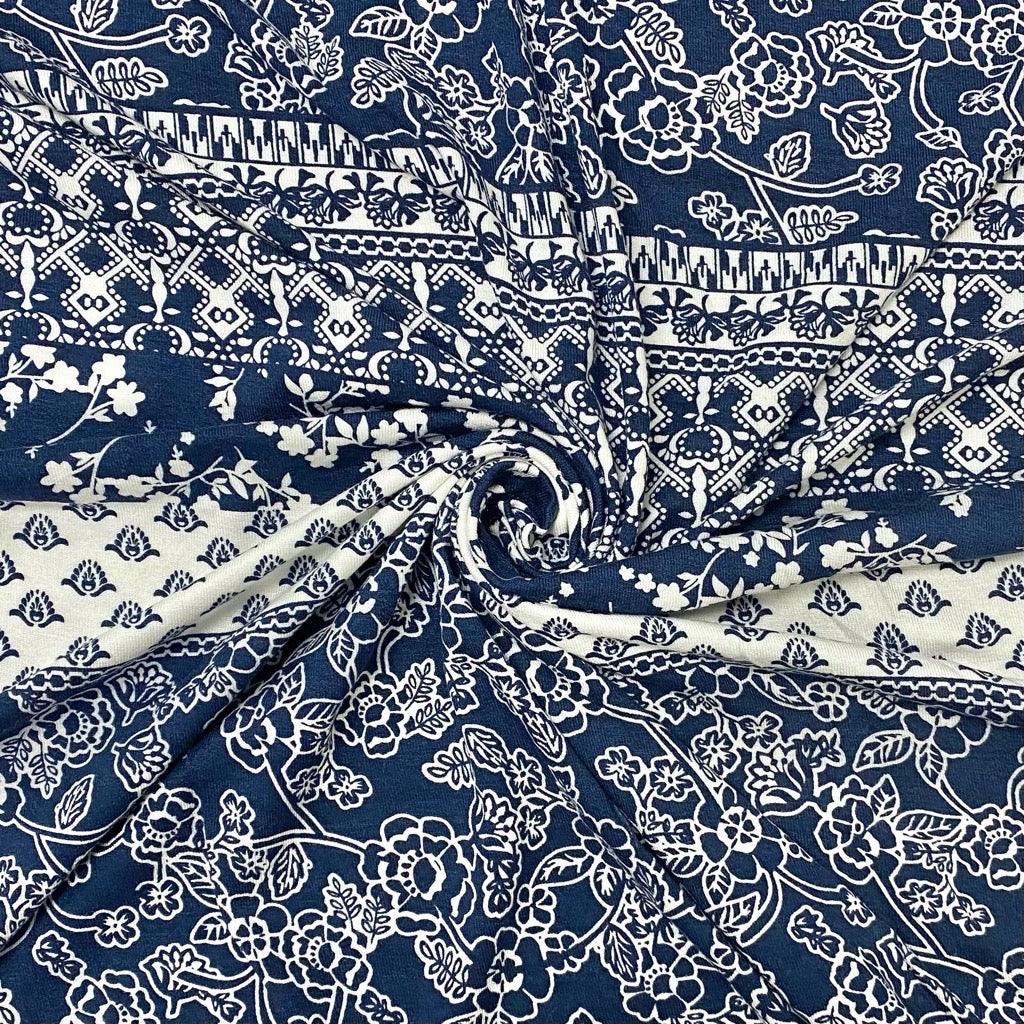 Navy and White Patterns Viscose Jersey Fabric - Pound Fabrics