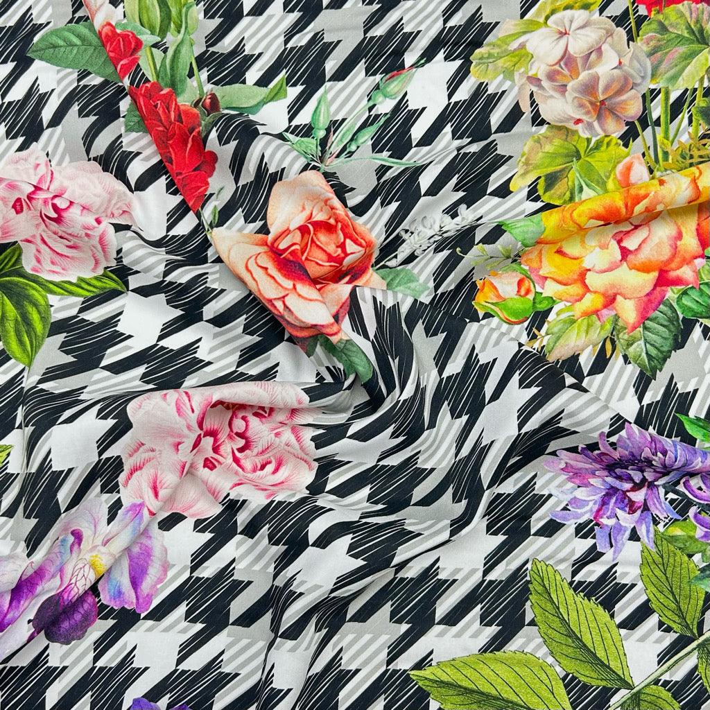 Flowers on Houndstooth Viscose Challis Fabric - Pound Fabrics