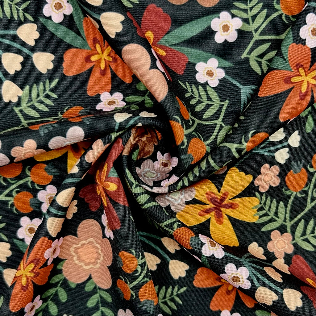 Night Garden on Black Polyester Fabric