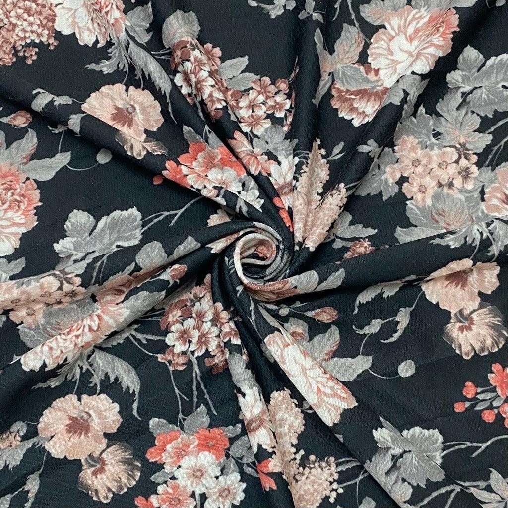 Pink and Grey Floral on Black Knit Fabric - Pound Fabrics