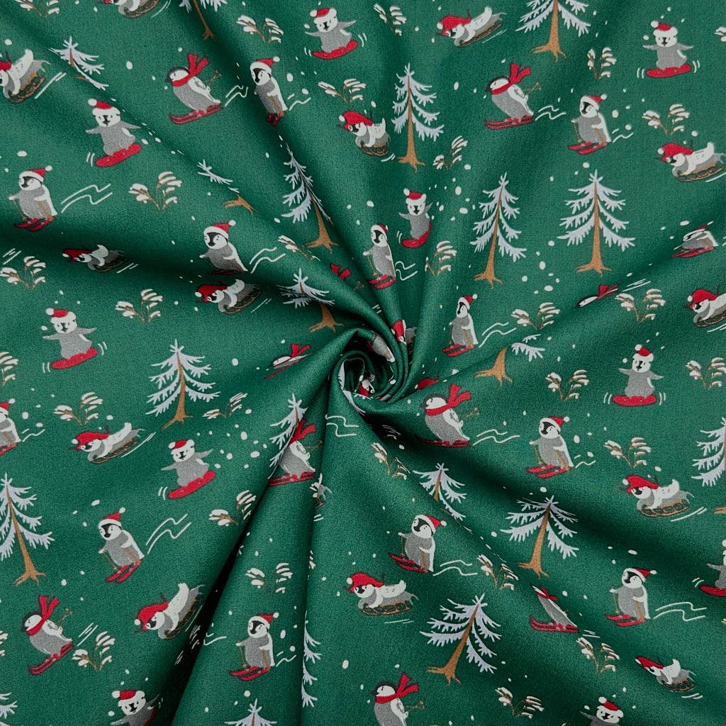 Skiing Christmas Penguins Cotton Poplin Fabric - Pound Fabrics