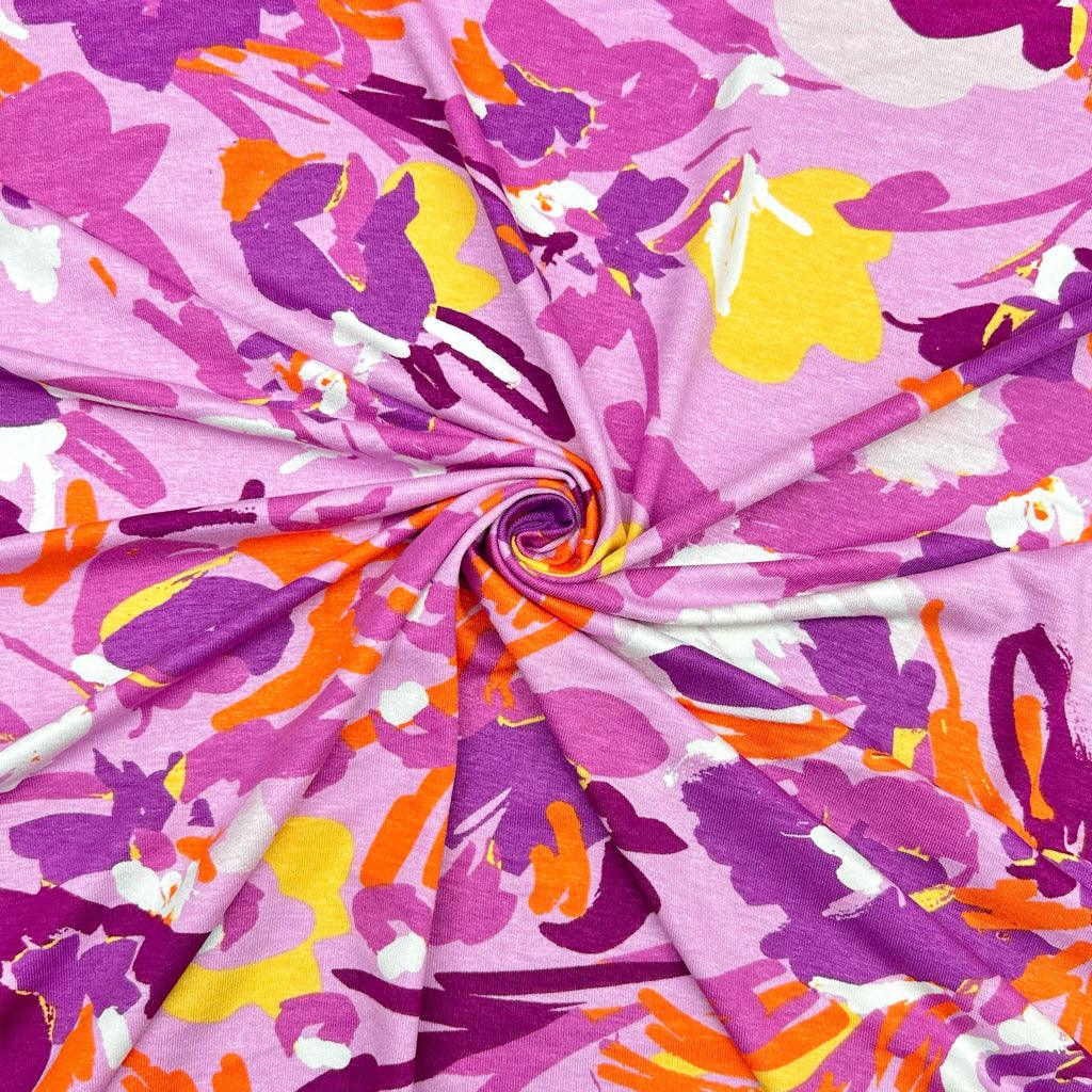 Purple Painted Floral Viscose Jersey Fabric - Pound Fabrics