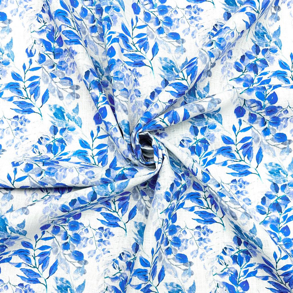 Blue Leaves on White Linen Blend Fabric - Pound Fabrics