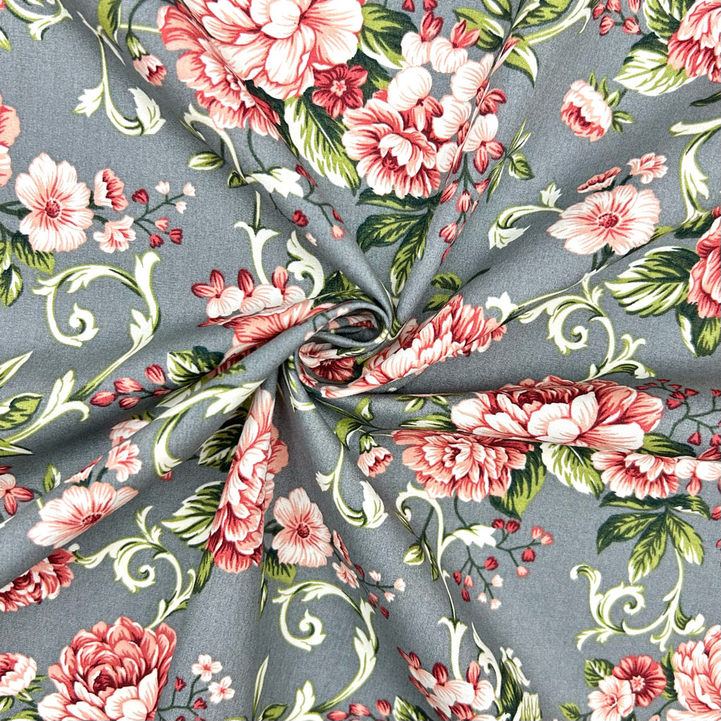 Floral Scroll Rose & Hubble Cotton Poplin Fabric