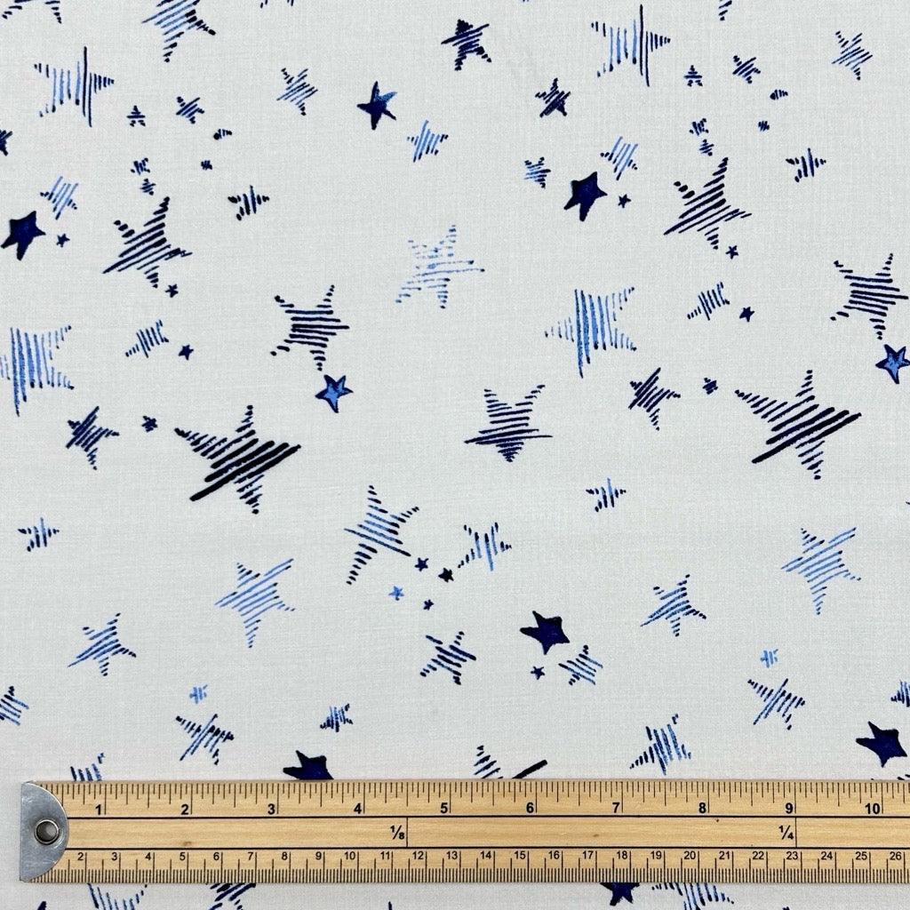 Blue Stars on White Viscose Challis Fabric - Pound Fabrics