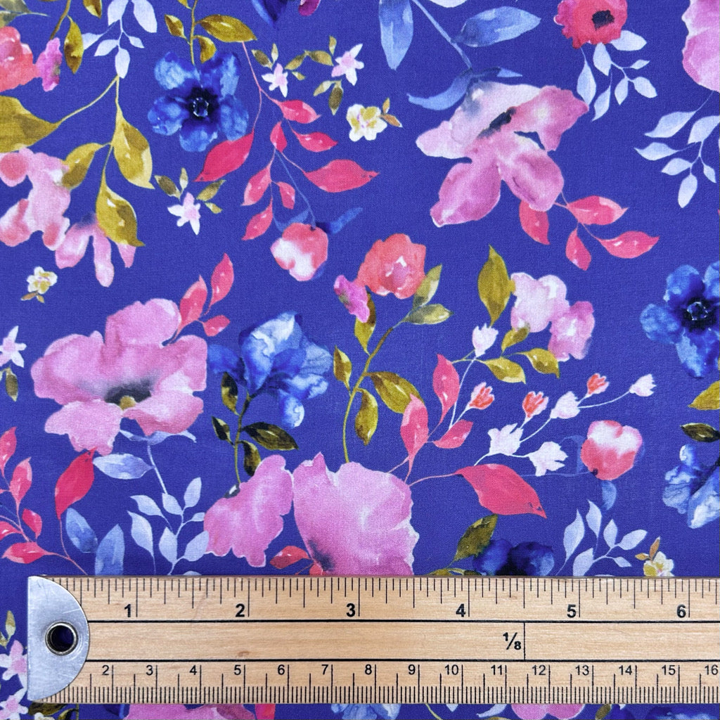 Pink and Blue Blooms Cotton Lawn Fabric