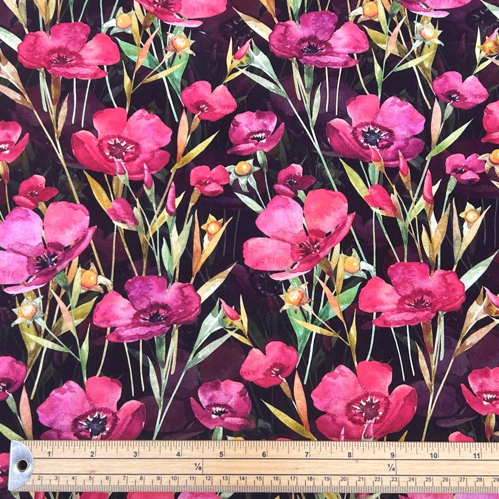 Pink/Purple Flowers on Black Viscose Challis Fabric