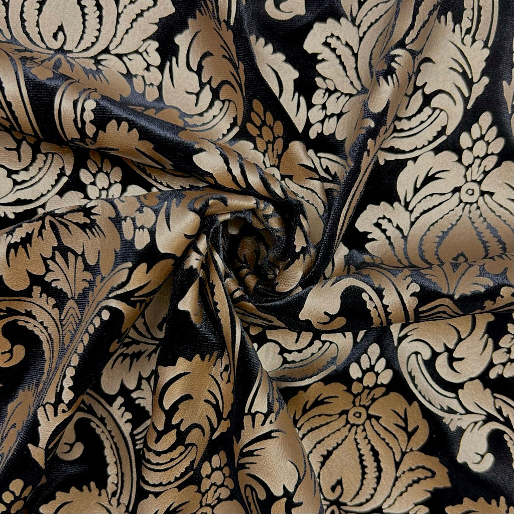Golden Bloom on Black Velvet Velour Fabric