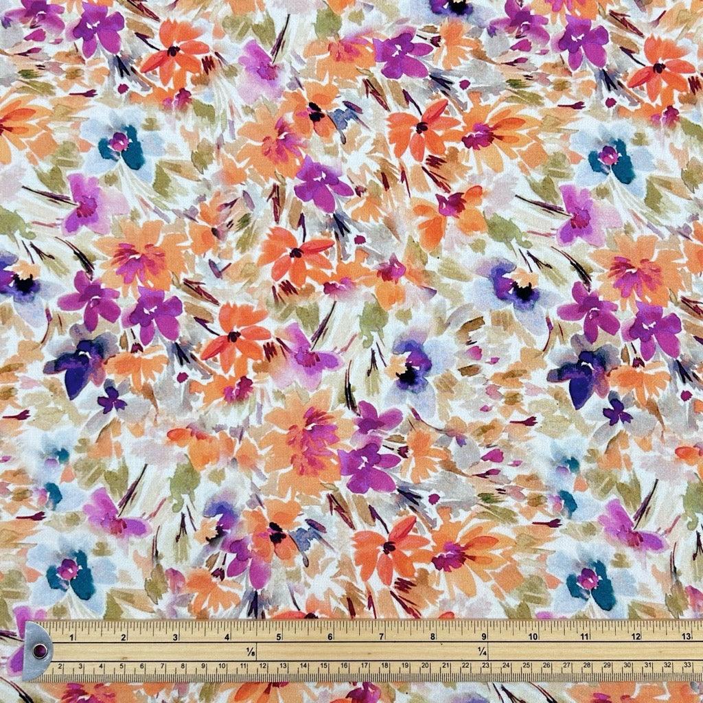 Orange and Purple Meadow Viscose Challis Fabric - Pound Fabrics